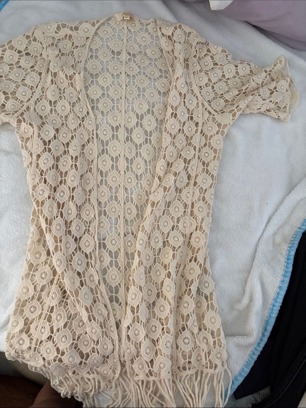 Open-Front Crochet Kimono Cardigan in Cream